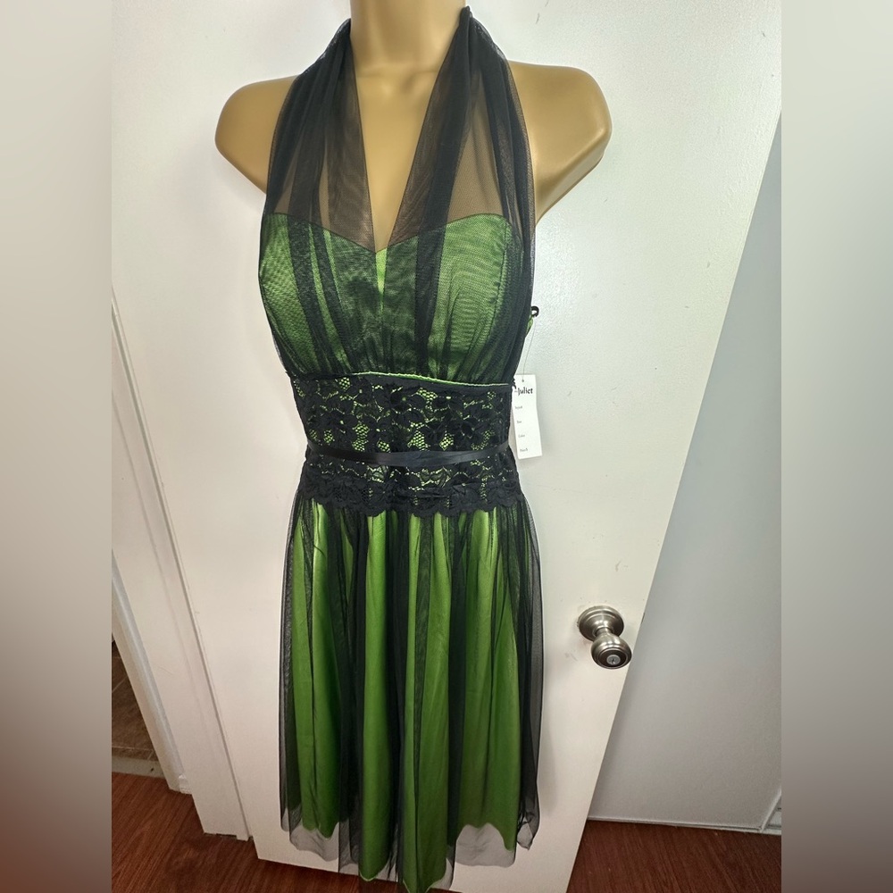 Juliet‎ Black Mesh Overlay Lime Green Vintage Y2K Floral Whimsigoth Dress NWT M